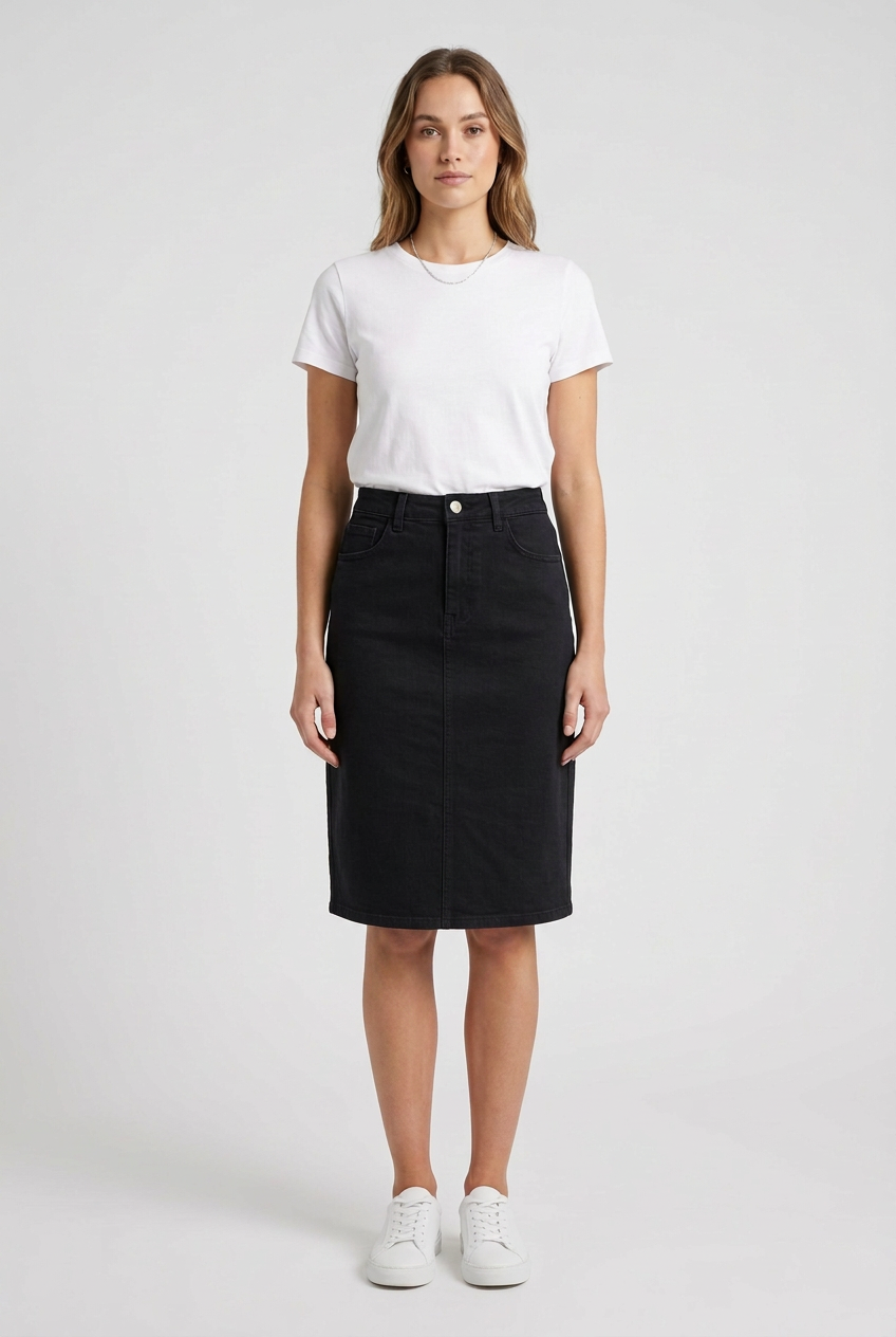Black Stretch Midi Demin Skirt - Womens