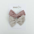 Alligator Clip Bow Set - Mauve & Taupe Mini Check