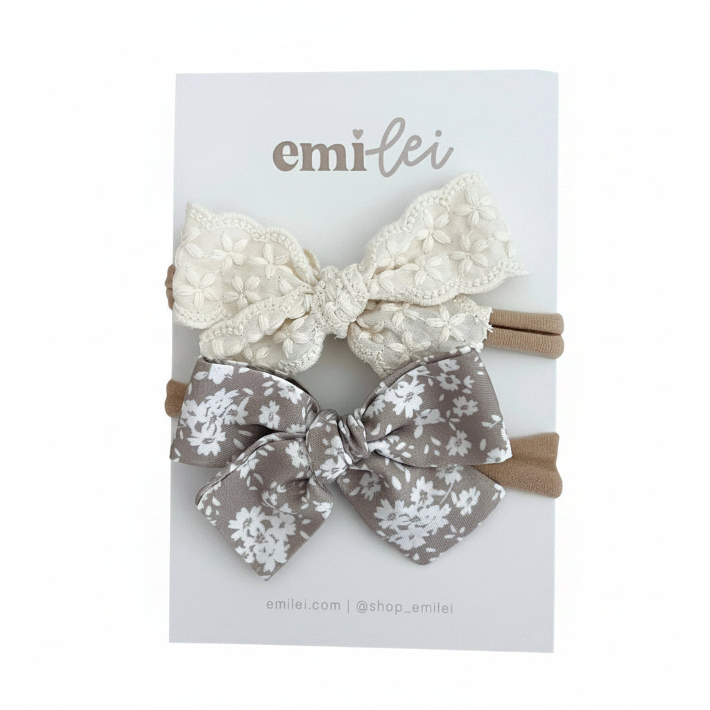 Nylon Stretchy Bow Headband Set - Linen Lace/Neutral Floral