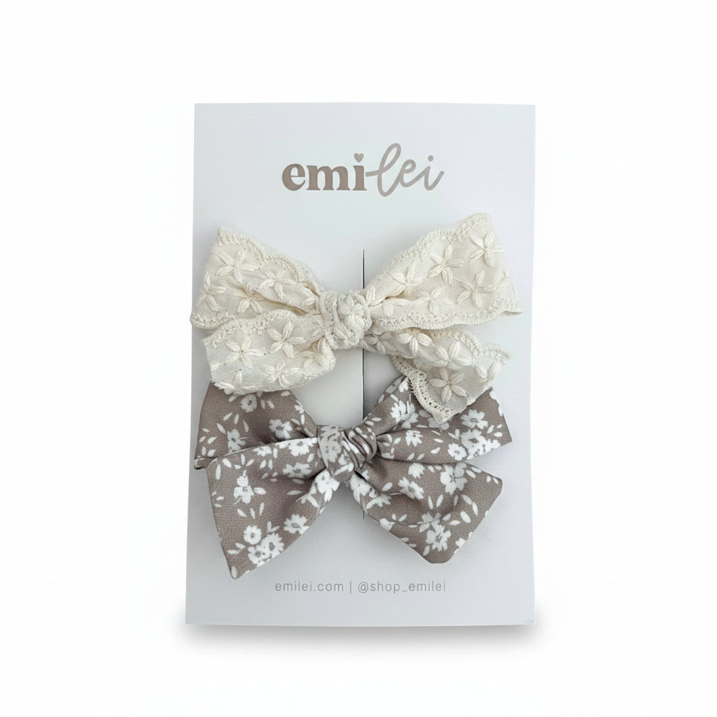 Alligator Clip Bow Set - Linen Lace/Neutral Floral