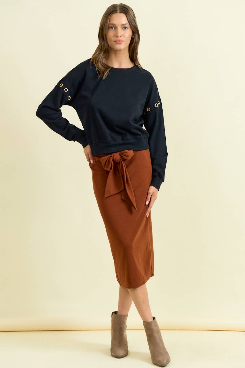 TIE FRONT BAND KNIT MIDI SKIRT
