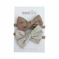 Taupe Linen/Mini Checkered - Nylon Stretchy Bow Headband Set