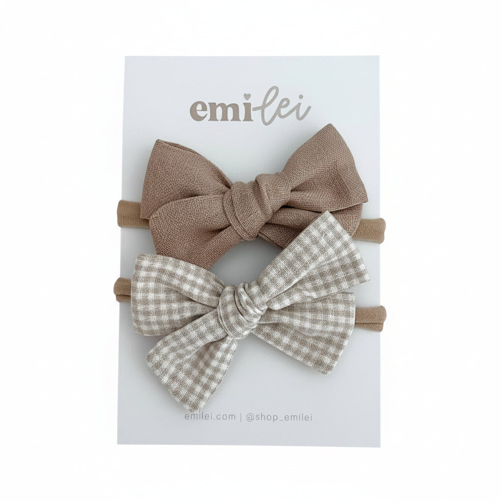 Taupe Linen/Mini Checkered - Nylon Stretchy Bow Headband Set