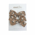 Pigtail Bow Clips - Khaki Wildflower