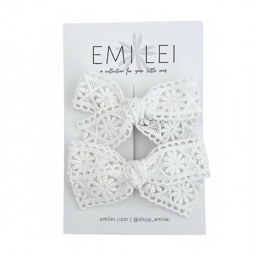White Lace - Pigtail Bow Clip Set