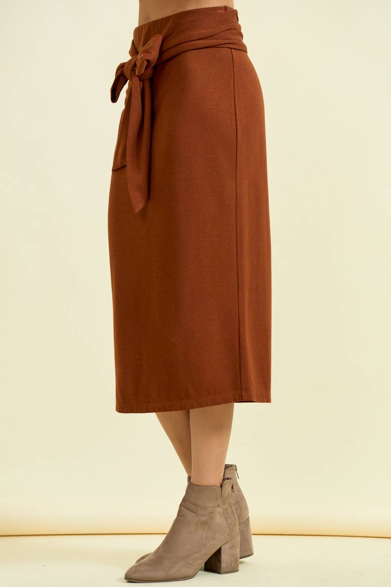 TIE FRONT BAND KNIT MIDI SKIRT