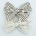 Taupe Mini Check & Linen - Alligator Clip Bow Set