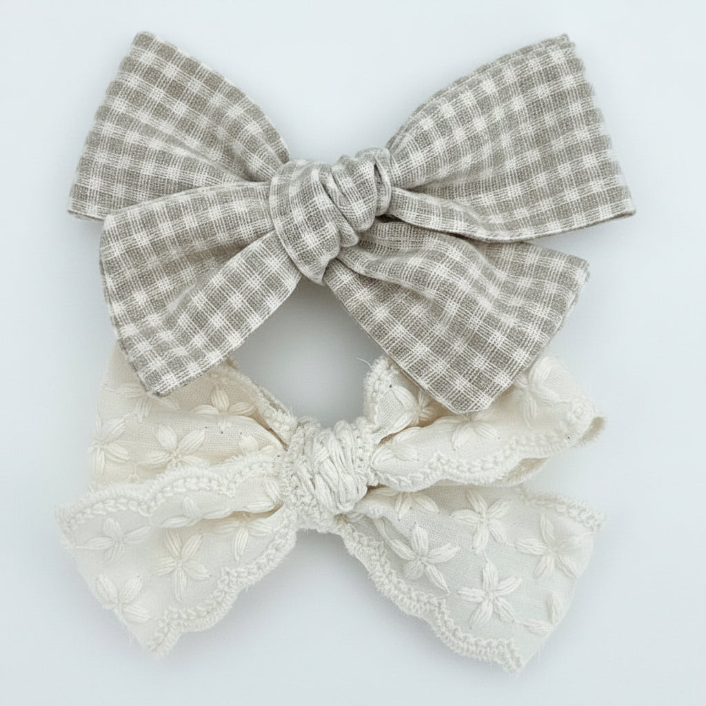 Taupe Mini Check & Linen - Alligator Clip Bow Set