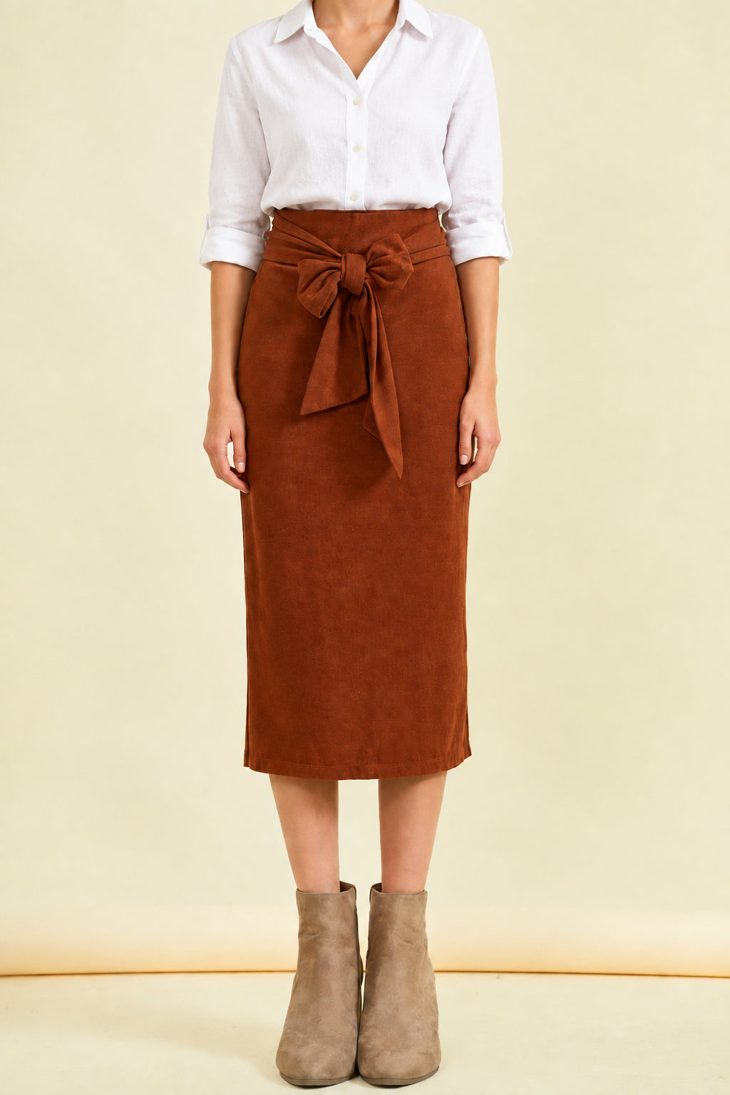 TIE FRONT BAND KNIT MIDI SKIRT