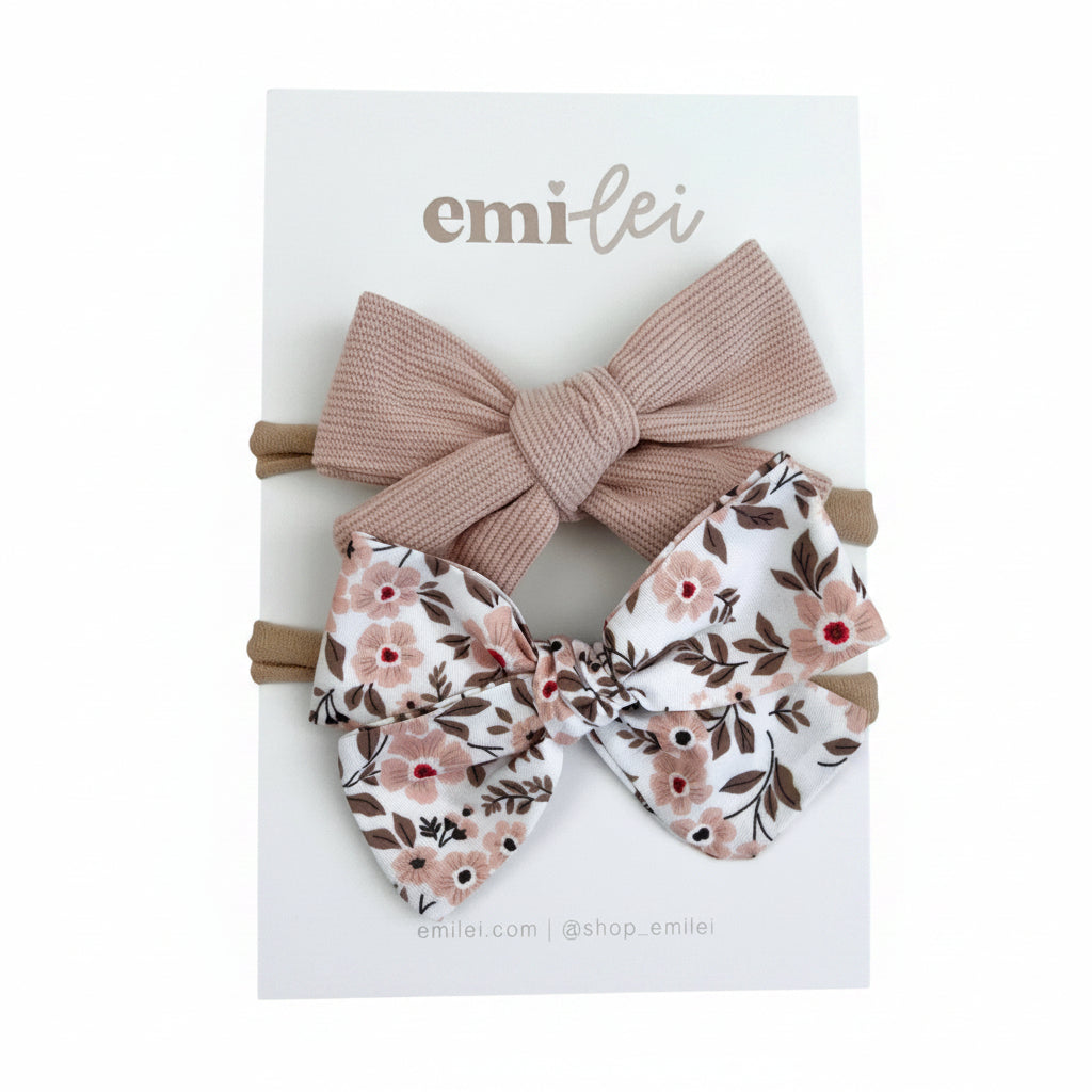Nylon Stretchy Bow Headband Set - Blush Floral/Blush Cord